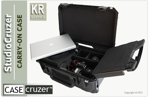 PSC700 case with camera inside padded dividers and Apple laptop sitting on top